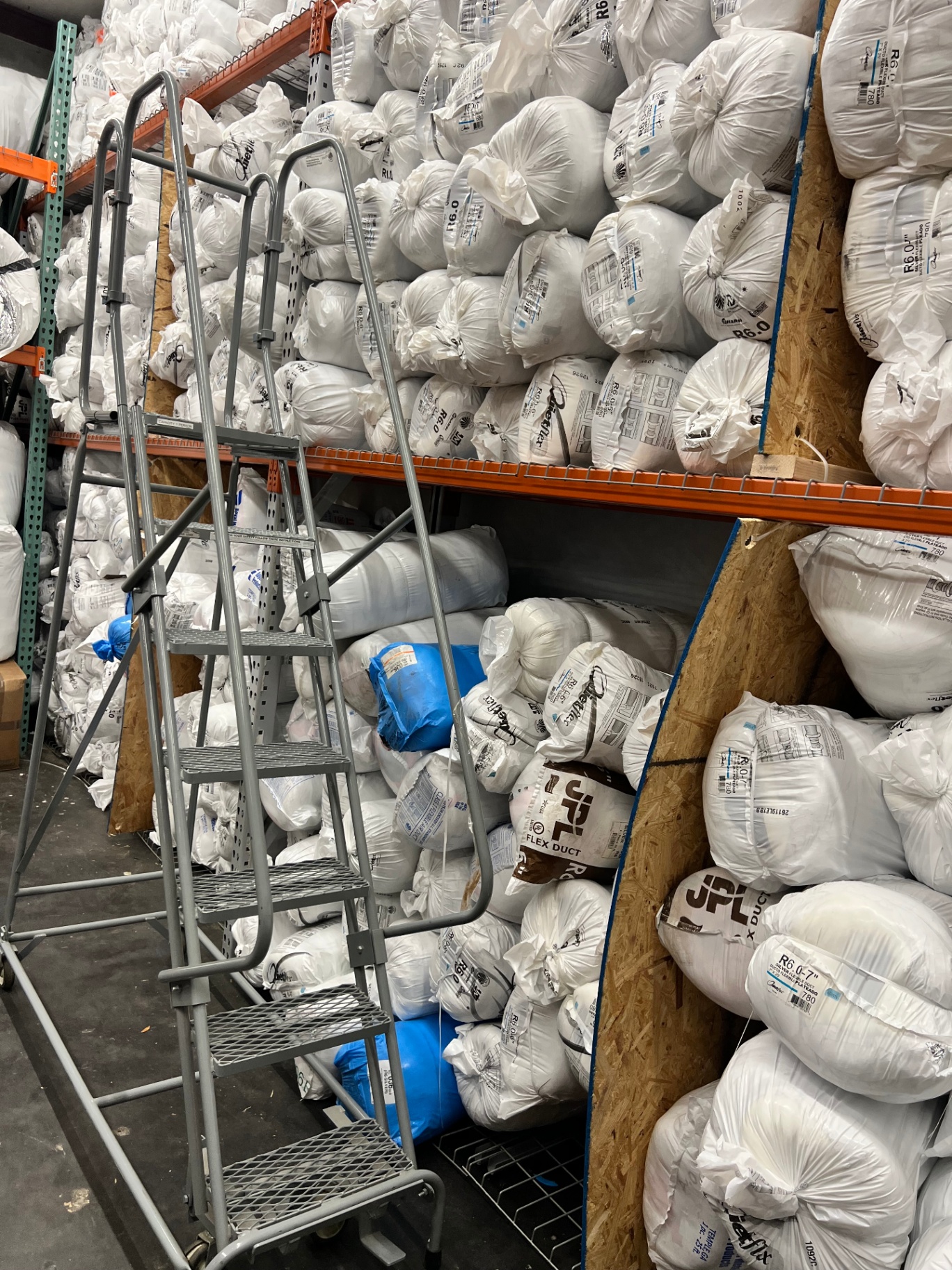 Flex duct and insulation stocked in the AirPrime Distribution warehouse